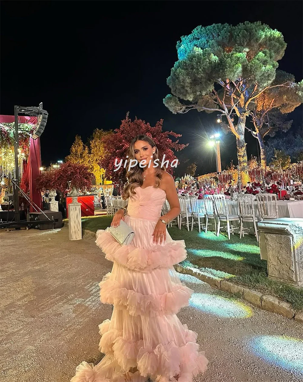 Customized Matching Classic Tulle Pleat Tiered Draped A-line Strapless Long Dresses Bespoke Occasion Dresses Chinese Style Retro