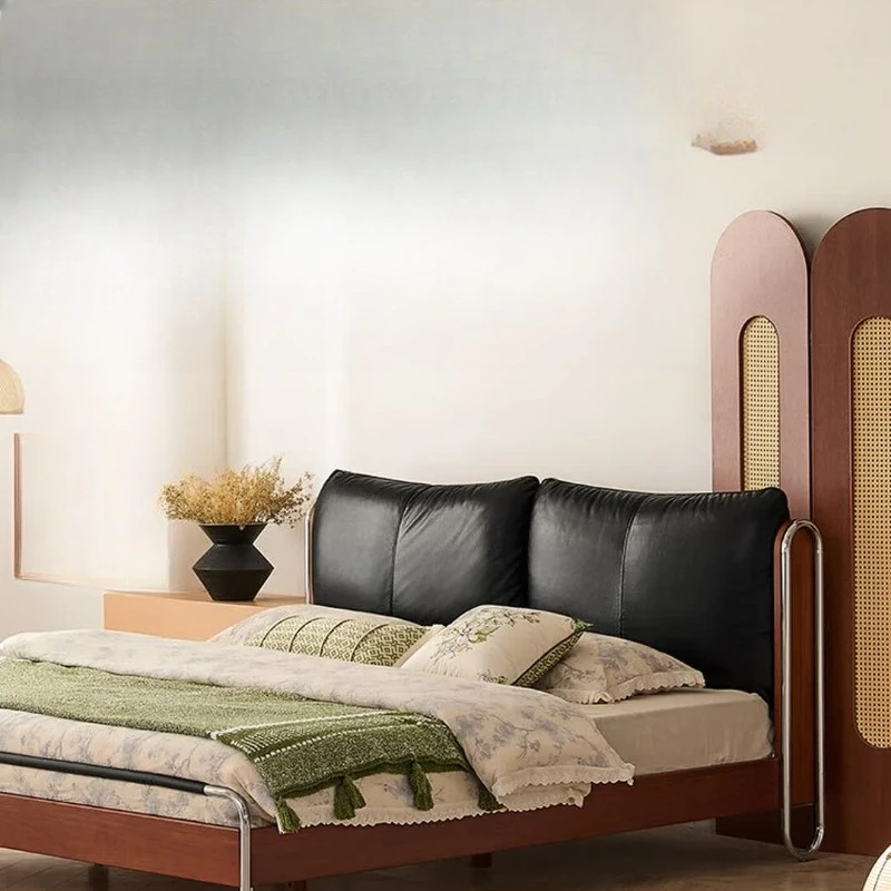 Flowing shadow bed antique leather solid wood home Bauhaus master bedroom French retro soft bag