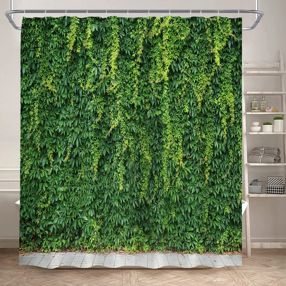 Vintage Brick Wall Green Leaves Shower Curtains Rustic Vine Plant Leaf Grey Stone Polyester Fabric Bathroom Curtain Decorative
