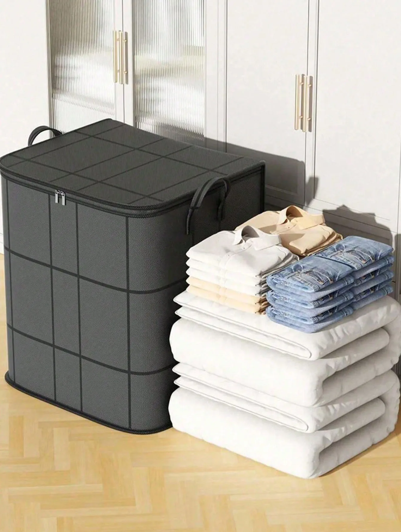 3-Größen Gewebte Aufbewahrungstaschen, Große Kapazität Faltbares Design, Perfekt für Kleidung, Bettwäsche und Haushaltsorganisation.