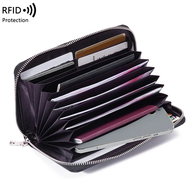 

Western RFID Blocking Lychee Grain Passport Bag Cowhide Leather Women Wallet Large Capacity Long Purse for Mens