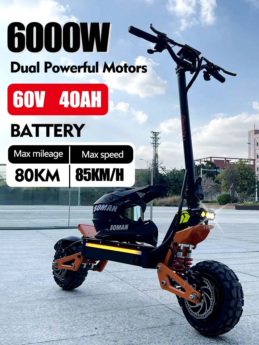 2024 New 6000W 60V 40V Dual Motor Electric Scooter Dual Suspension Shock Absorption Maximum Speed 95km/h 11 inch Off-Road Tyres