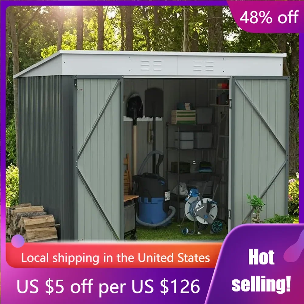 

Outdoor Storage Shed 8x6FT All Weather Metal Garden Shed with Lockable Double Doors for Garden Tools,Toys and Sundries,Gray