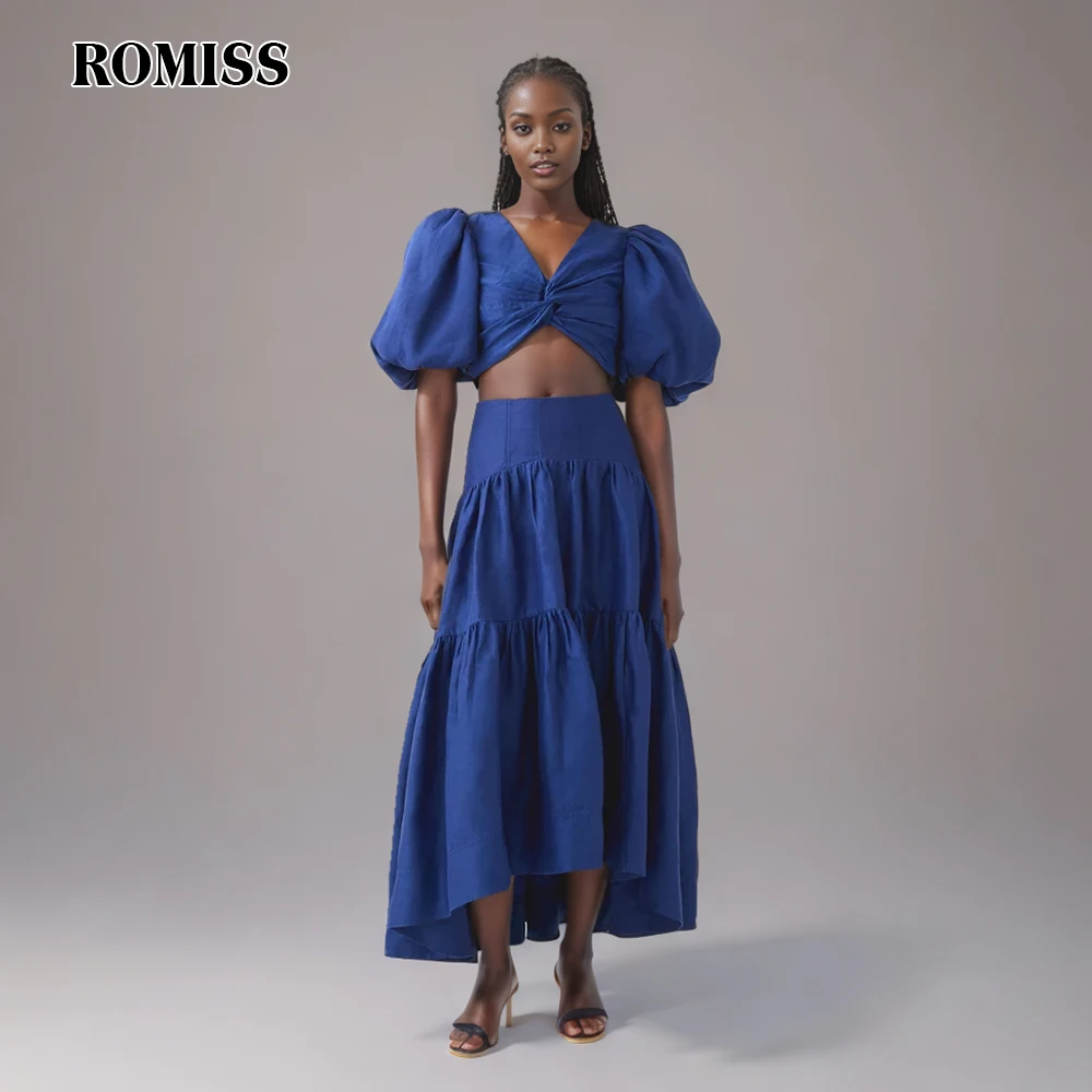 ROMISS Casual Two Piece Set For Women V Neck Puff Sleeve Spliced Button Short Tops High Waist A Line Skirts Minimalist Sets