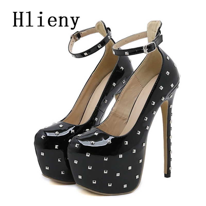 

Hlieny Size 35-42 Black Women Pumps Sexy Platform Buckle Strap Thin High Heels Fashion Rivet Elegant Nightclub Stripper Shoes