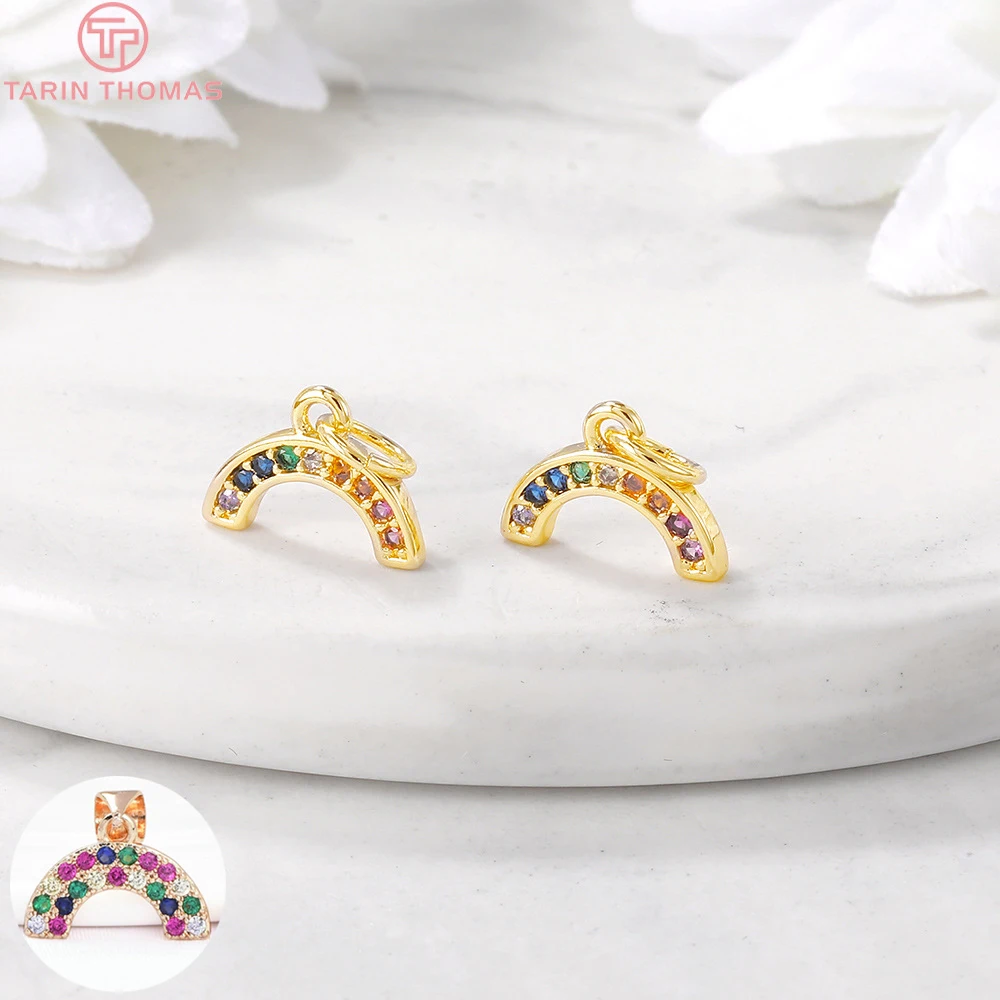 (1311)4PCS 8x11MM Hole 4MM 24K Gold Color Plated Brass with Zircon Rainbow Charms Pendant Connector Jewelry Accessories