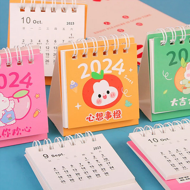 Cute Little Fresh Desk Calendar, Mini Desktop Planner, Coil Notepad, Livro, Escritório, Material Escolar, 2024