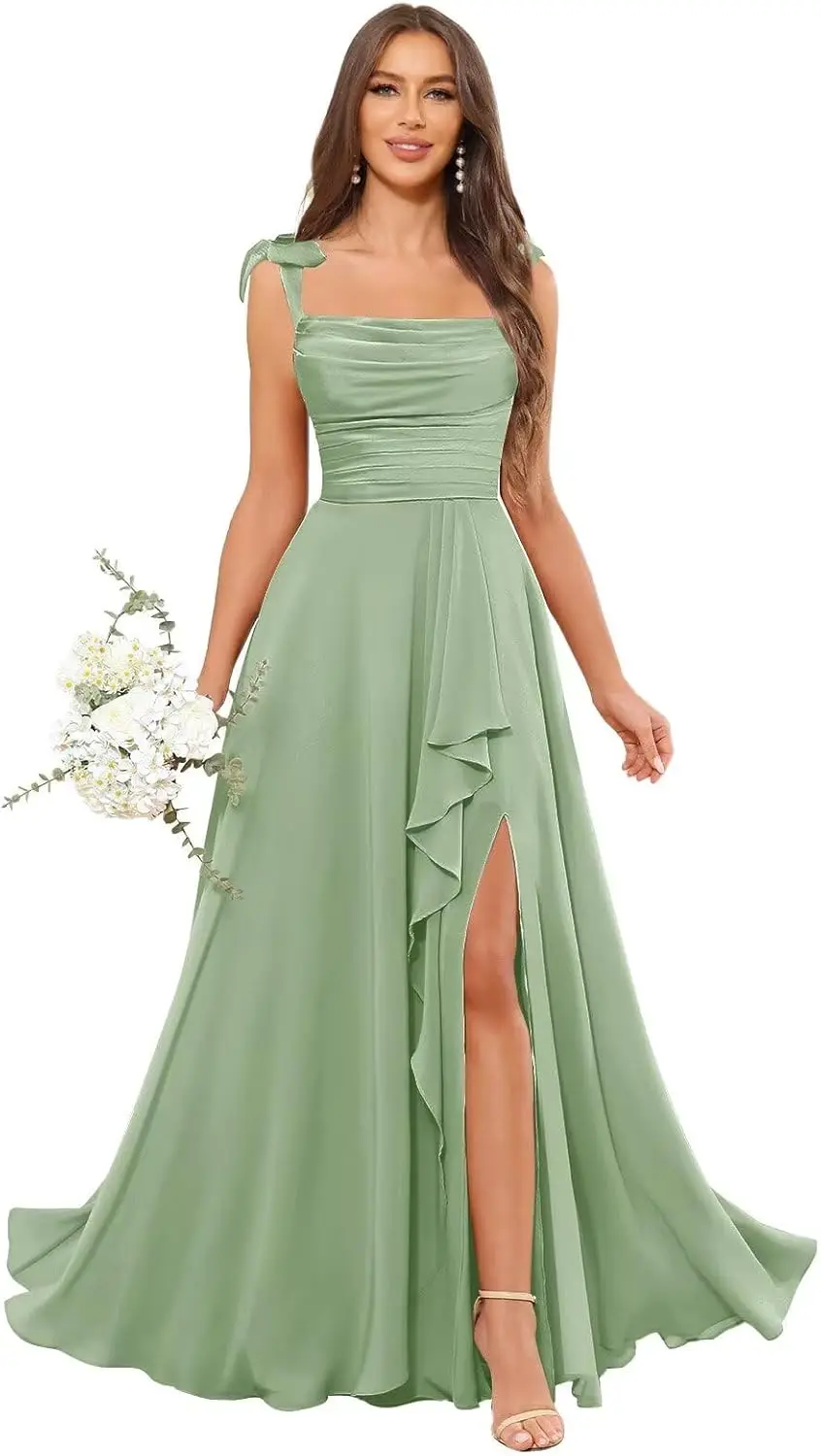 Vestido de dama de honor con borde de hoja de loto, tirantes finos para el hombro, gasa plisada, largo, Formal, para fiesta, banquete, elegante vestido de baile