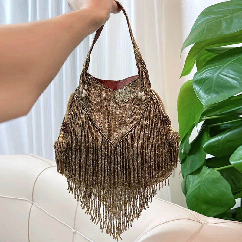 DOYUTIG Brand Women\'s Green Tassels Beaded Handbag Indian\'s Retro Handmade String Totes Lady Embroidery Bead Bag For Party N018