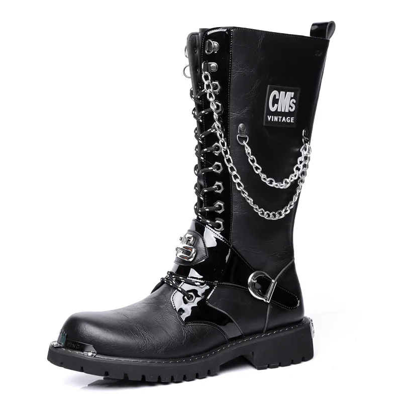 

New Designer High Tube Outdoor Work Boots Men New Designer Fashion Big Head Leather Boots Male Metal Chain Designer Shoes Man