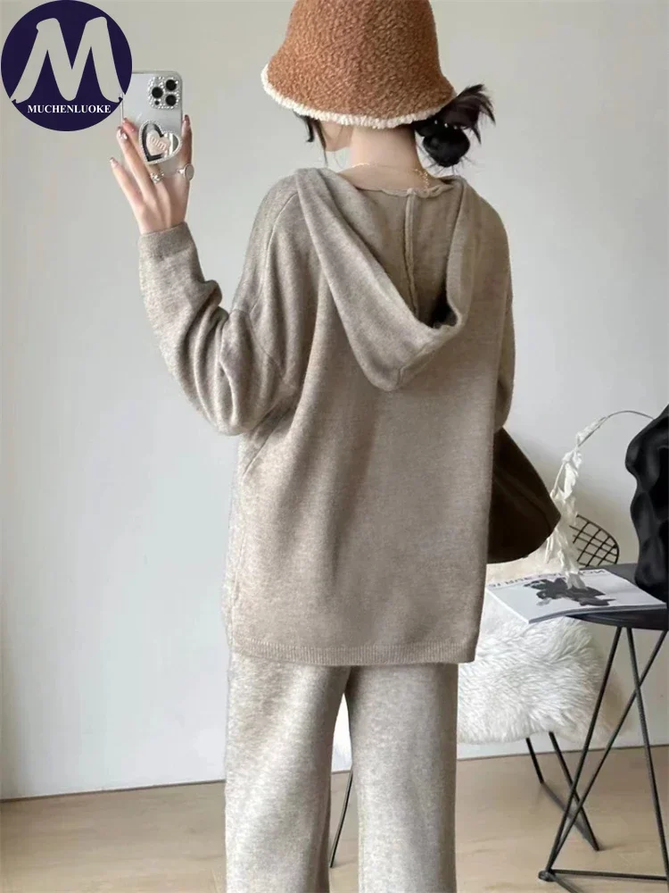 2-Piece Knitted Outfit for Women Casual Sweater Loose Tops Straight Leg Pant Sets Autumn and Winter Fashion New 2024