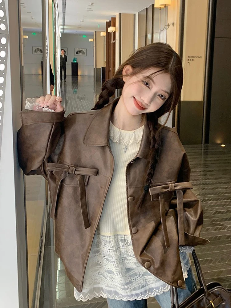 Sweet Bow Vintage Pu Jackets Women Loose Preppy Style American Fall Winter Coat Retro Casual Biker Female All Match Harajuku Top