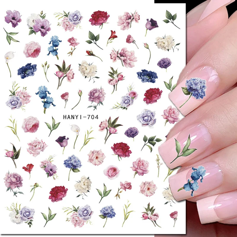 Adesivi per unghie 3d viola Royalblue Bloom Peony Buds fiori foglie cursori adesivi decalcomanie per decorazioni per unghie manicure