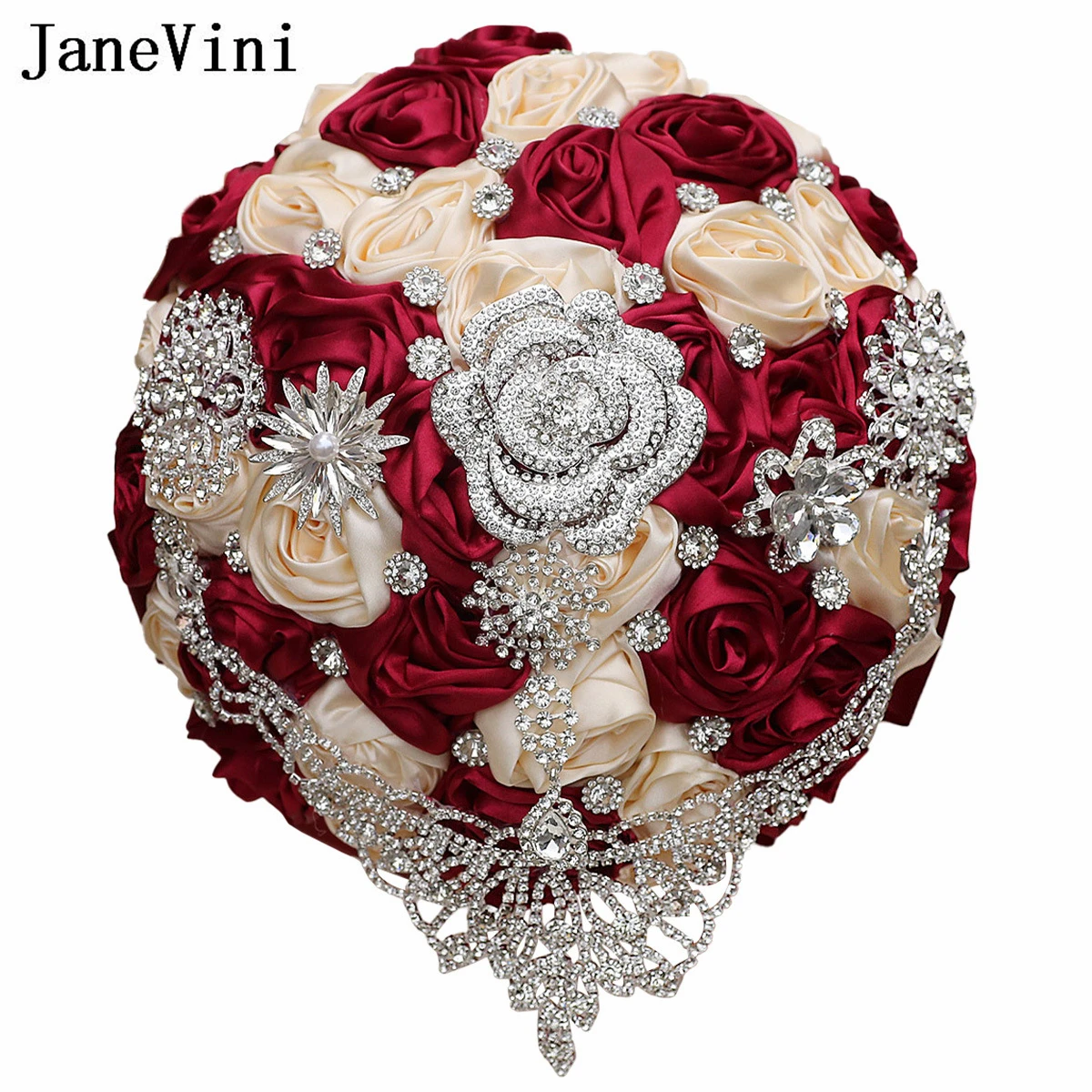 

JaneVini Luxury Rhinestone Dark Red Bouquet de Mariage Handmade Rose Bridal Bouquets for Wedding Flowers Bride Accessories 2024