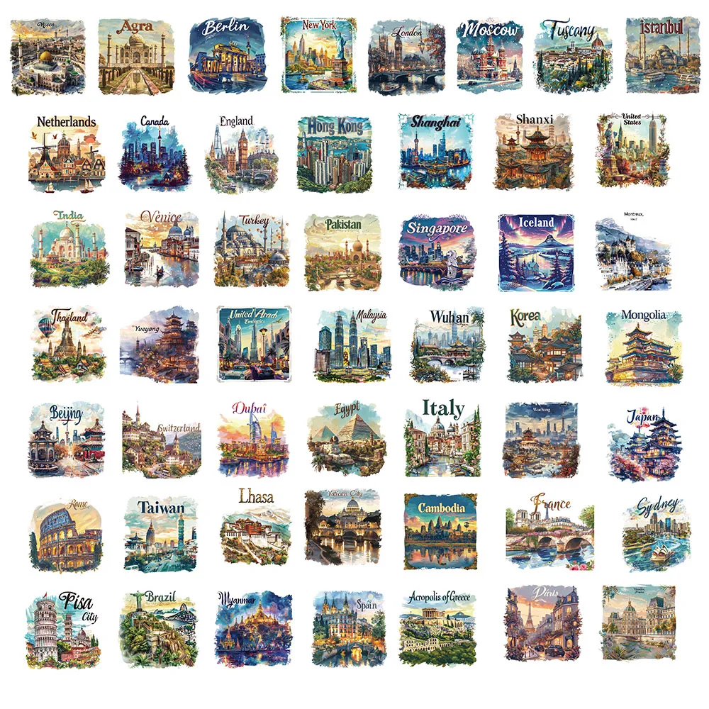 50 قطعة من ملصقات مشهد السفر المبتكرة المرسومة يدويًا، صغيرة طازجة، أمتعة الكمبيوتر، ديكور دفتر الأستاذ المحمول، ملصق عبر الحدود #3