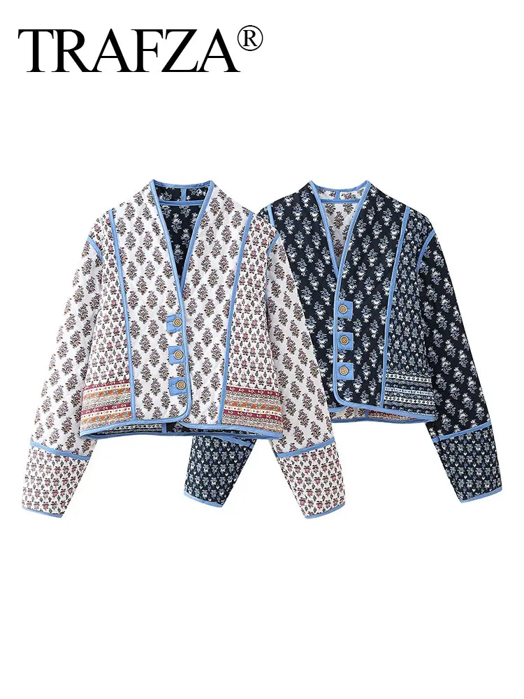 TRAFZA 2024 Female Autumn Fashion Reversible Cotton Jacket Long Sleeves V-neck Printed Quilted Patchwork Causal Chic Coats
