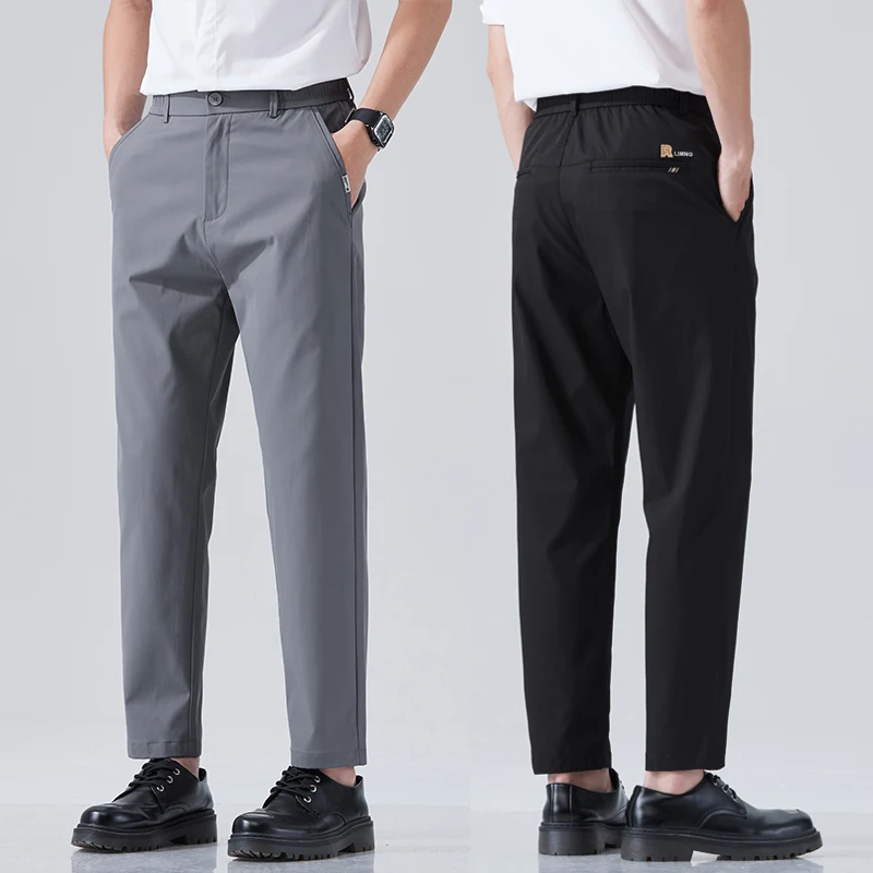 

2024 Spring Summer Thin Ice Silk Suit Pants Men's Business Straight Slim High Elastic Ankle Length Casual Pants Male