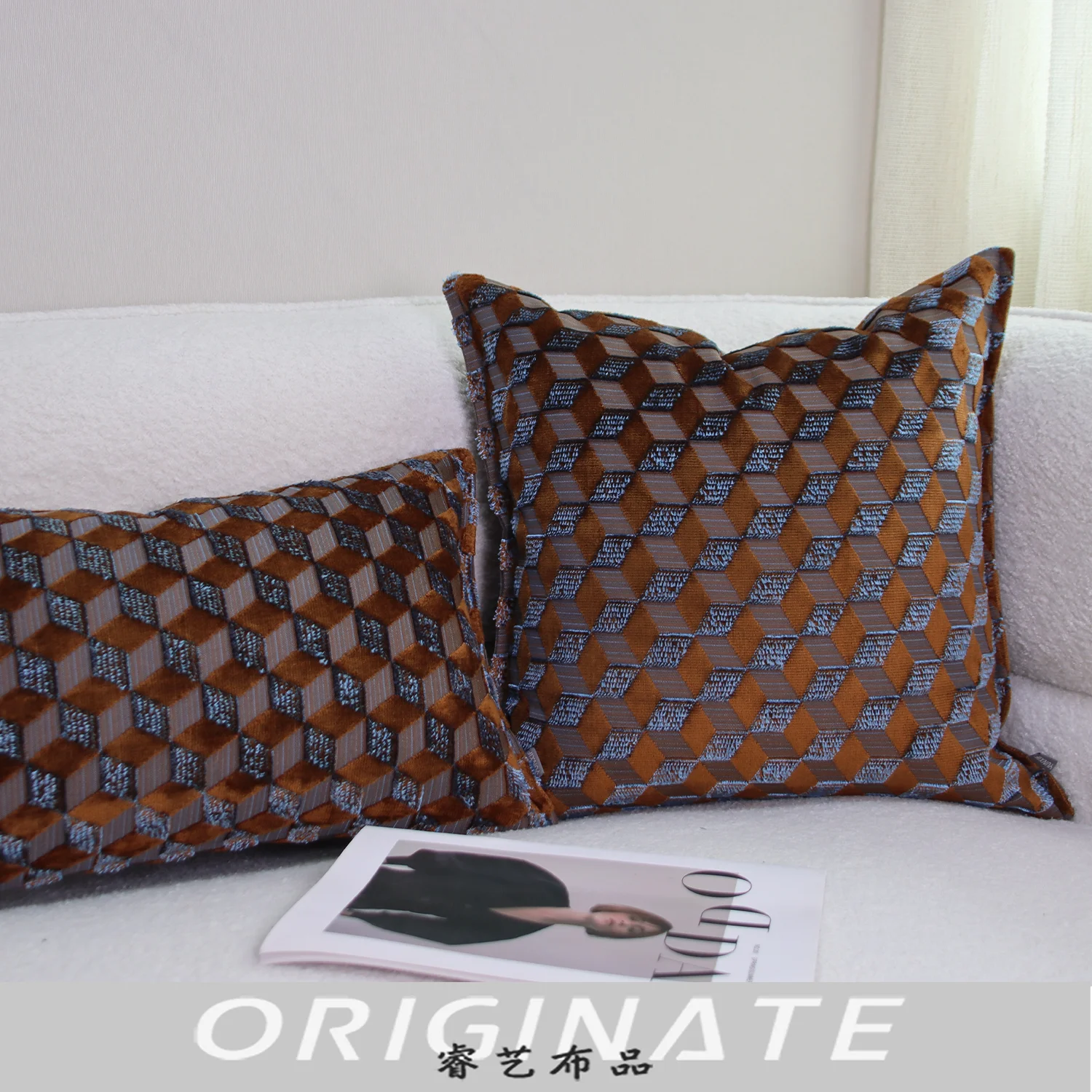 RUIYI Vintage Style Diamond Pattern Jacquard Pillow Coves Brown Geometric Weave Cushion Cases for Villa Model Home Bedrooms