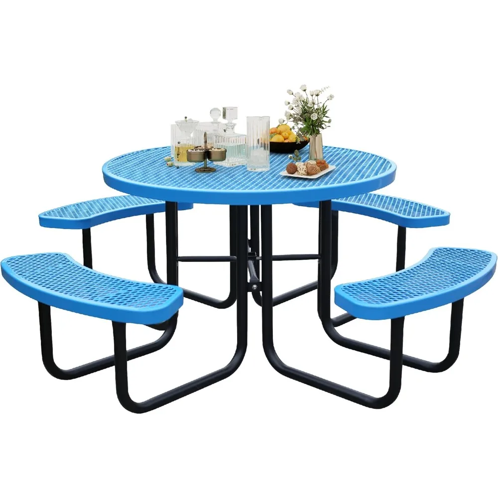 

8-Person Picnic Tables for Outdoors, Industrial 46" Expanded Metal Round Picnic Table with 4 Benches & Umbrella Hole, Outside Ta
