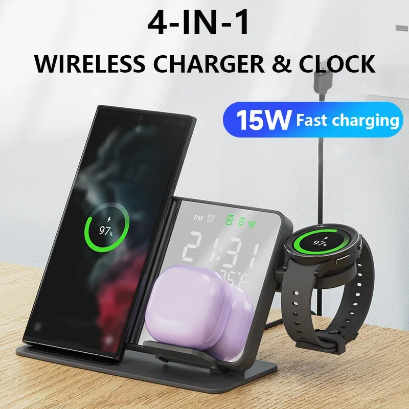 3 in 1 Wireless Charger Stand For Samsung Galaxy Watch 7 6 5 Pro For Galaxy S24 S23 S22 S21 Fast Charging Station Alarm Clock