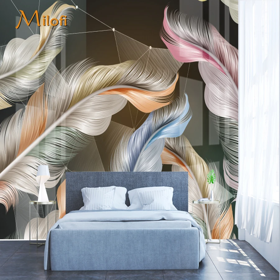 Custom 3D self-adhesive wallpaper mural Nordic light luxury feather geometric figure living room bedroom home decoration