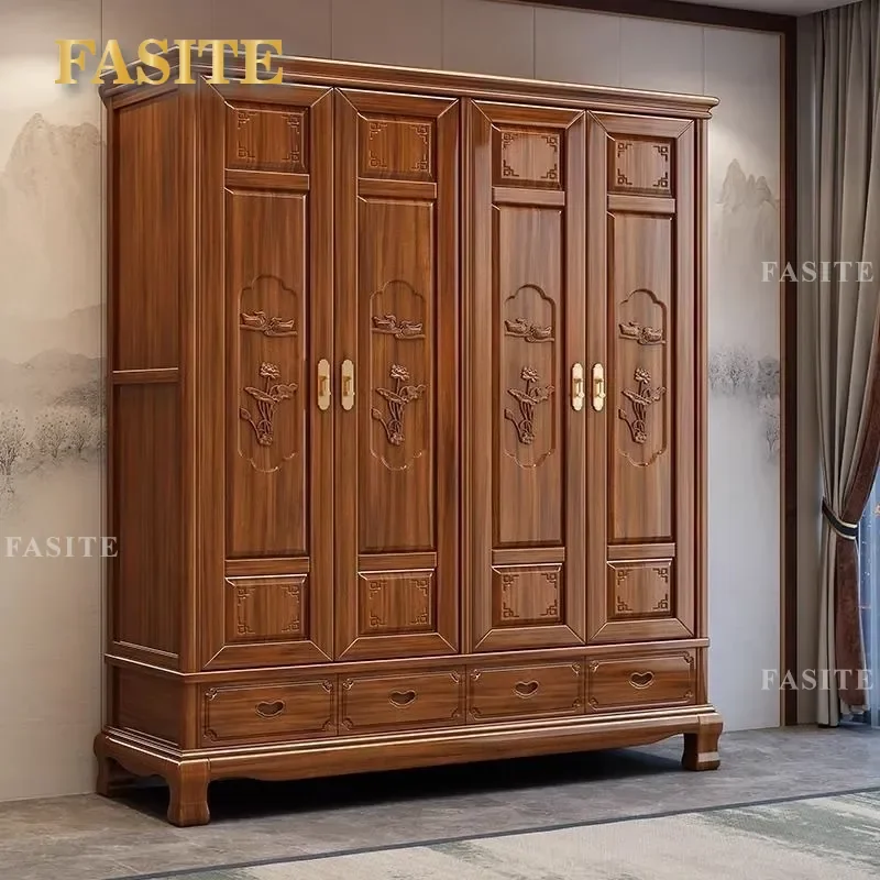 for All Solid Wood Wardrobe Household Bedroom Antique Carved Ming and Qing Classical Door Sliding Door Wardrobe