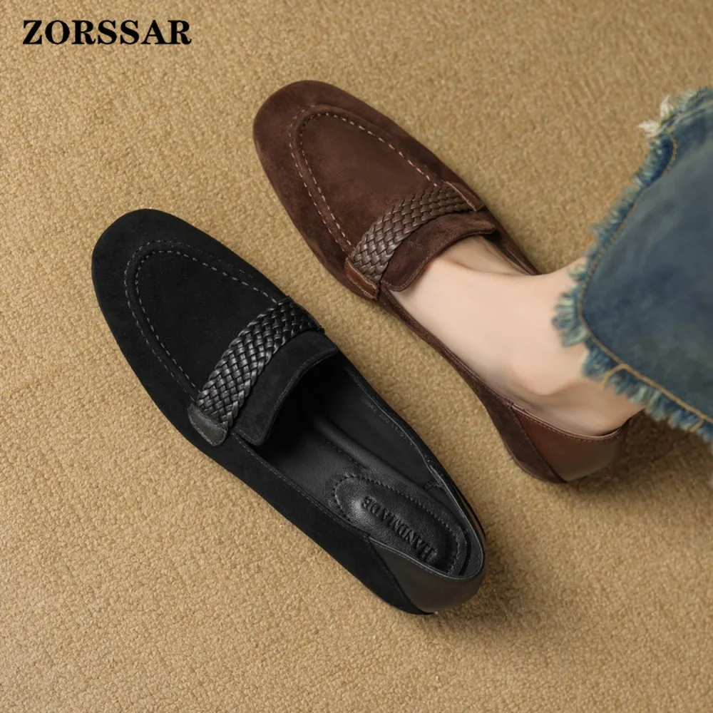 

Loafers for Woman 2026 New Spring Round Toe One Foot Slip-on Shoes Women Genuine Suede Leather Soft Flats Shoes Women