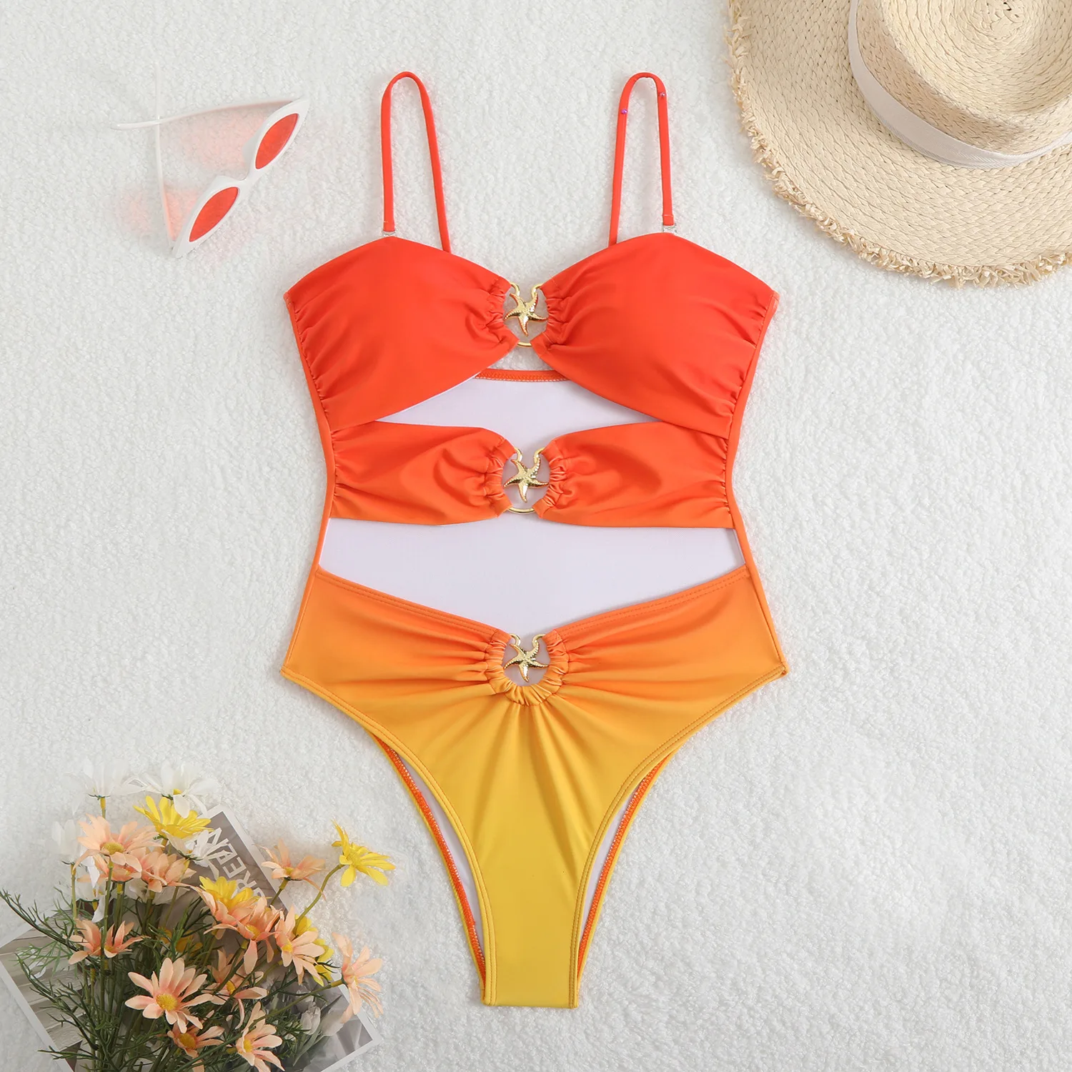 2025 Neuer sexy einteiliger hohler Badeanzug mit Farbverlauf, Bikini Temu