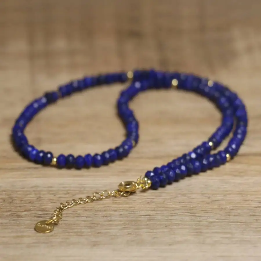 

Natural Faceted Lapis Lazuli Beaded Necklace with 14K Gold Spacers & Extension Chain Healing Crystal Jewelry