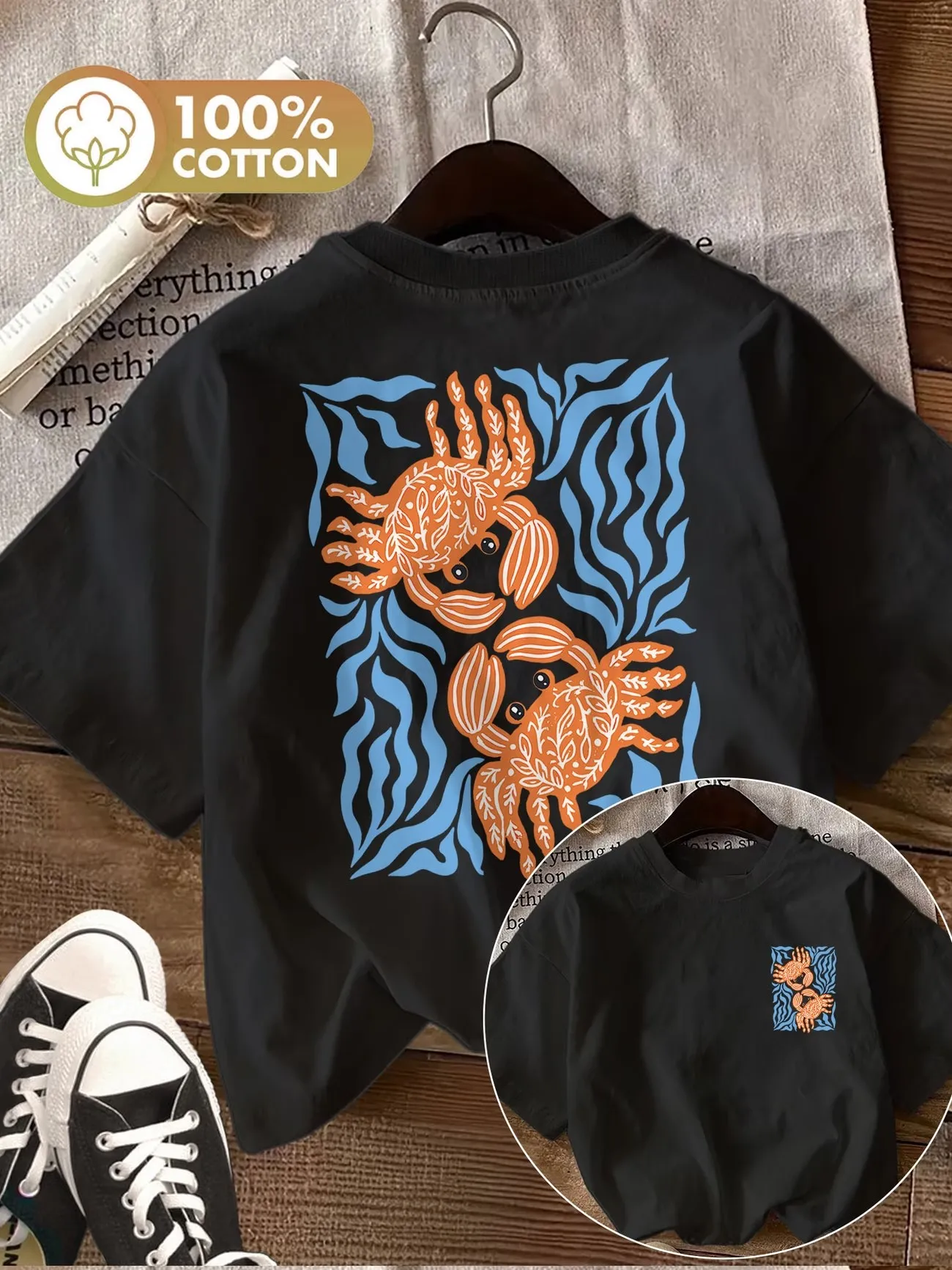 Retro Krabben Sommer Strand Grafik Baumwolle Damen Trendiges T-Shirt Weicher Rundhalsausschnitt Kurzarm-Oberteil Lässiges Lockeres T-Shirt