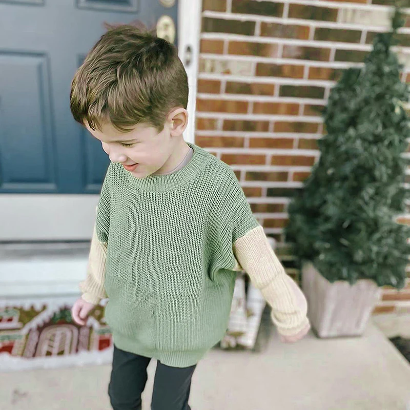 Toddler Baby Boys Girls Autumn Winter Knit Sweaters Long Sleeve Round Neck Contrast Color Knitwears Pullover Tops