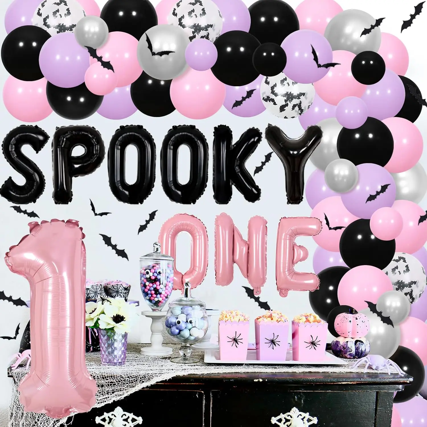 Halloween 1st Birthday Party Decorations Girl, Spooky One Balloon Garland Kit Pink and Purple, The Spooky One High Chair Banner, Cake Topper, 3D Bats Wall Stickers for First Bday Party Supplies