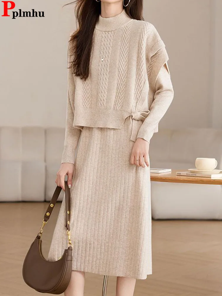 

Осенне-зимние вязаные комплекты из 2 предметов, женский свободный жилет без рукавов с круглым вырезом, топы Conjuntos, корейский модный длинный свитер, платье, наряд, новинка