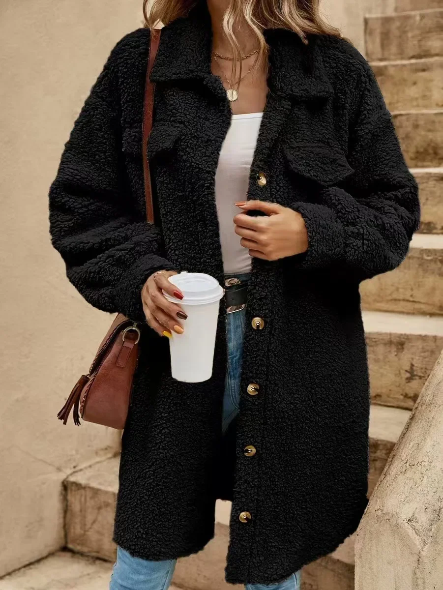 

Women's Coats Winter Fashion Comfortable 2025 Mid-length Plain Shirt Collar Long Sleeve Street Daily Jackets