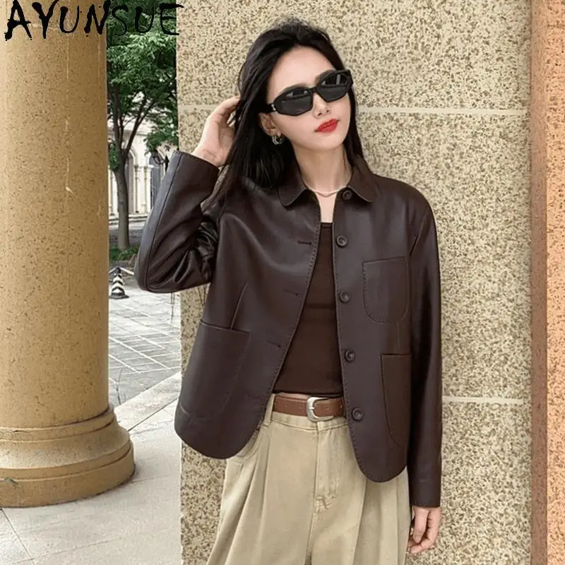 AYUNSUE Prawdziwa Skórzana Kurtka Damska z Koziej Skóry Naturalnej 2025 Czarny Płaszcz Skórzany Miękka Wiosenna Jesienna Odzież Jaqueta De Couro