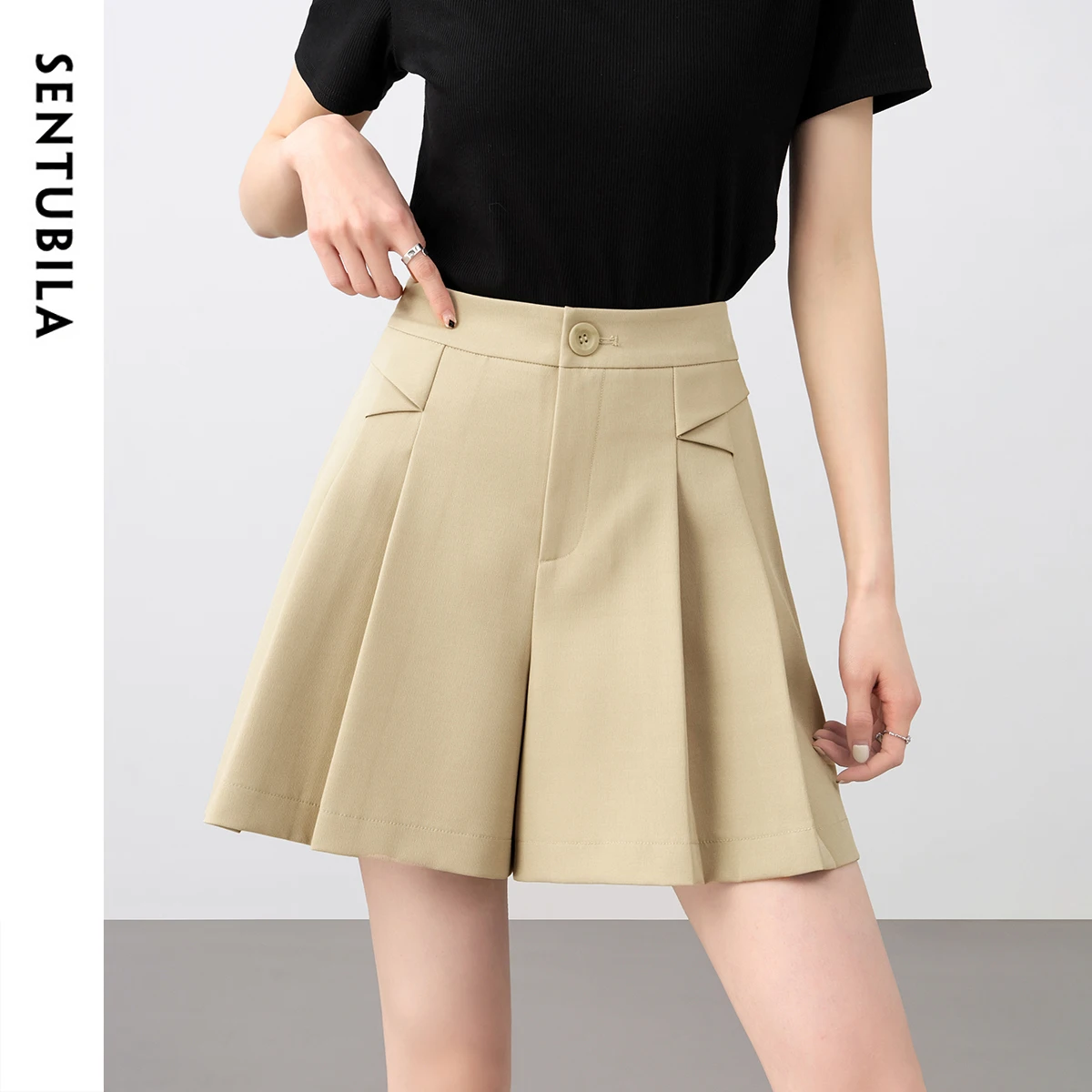 SENTUBILA Women's Khaki Mini Skirts Shorts 2025 Summer High Waist Commuting Comfortable Women's Casual A-Line Shorts 152K87919
