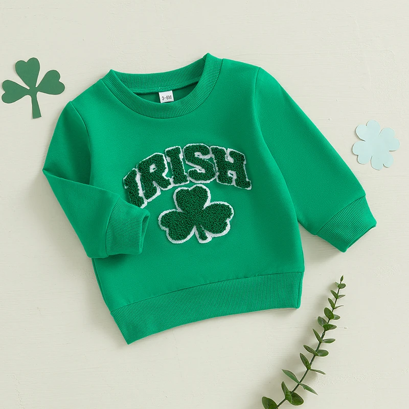 Toddler Boy Girl Sweatshirt Clover Letter Embroidery Crew Neck Long Sleeve Pullover Tops Irish Clothes