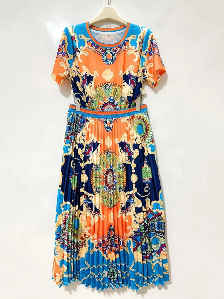 تي شيرت محبوك مطبوع عليه صورة هندسية كلاسيكية للسيدات لصيف 2025 طقم مكون من قطعتين + تنورة فضفاضة بطيات طقم أزياء