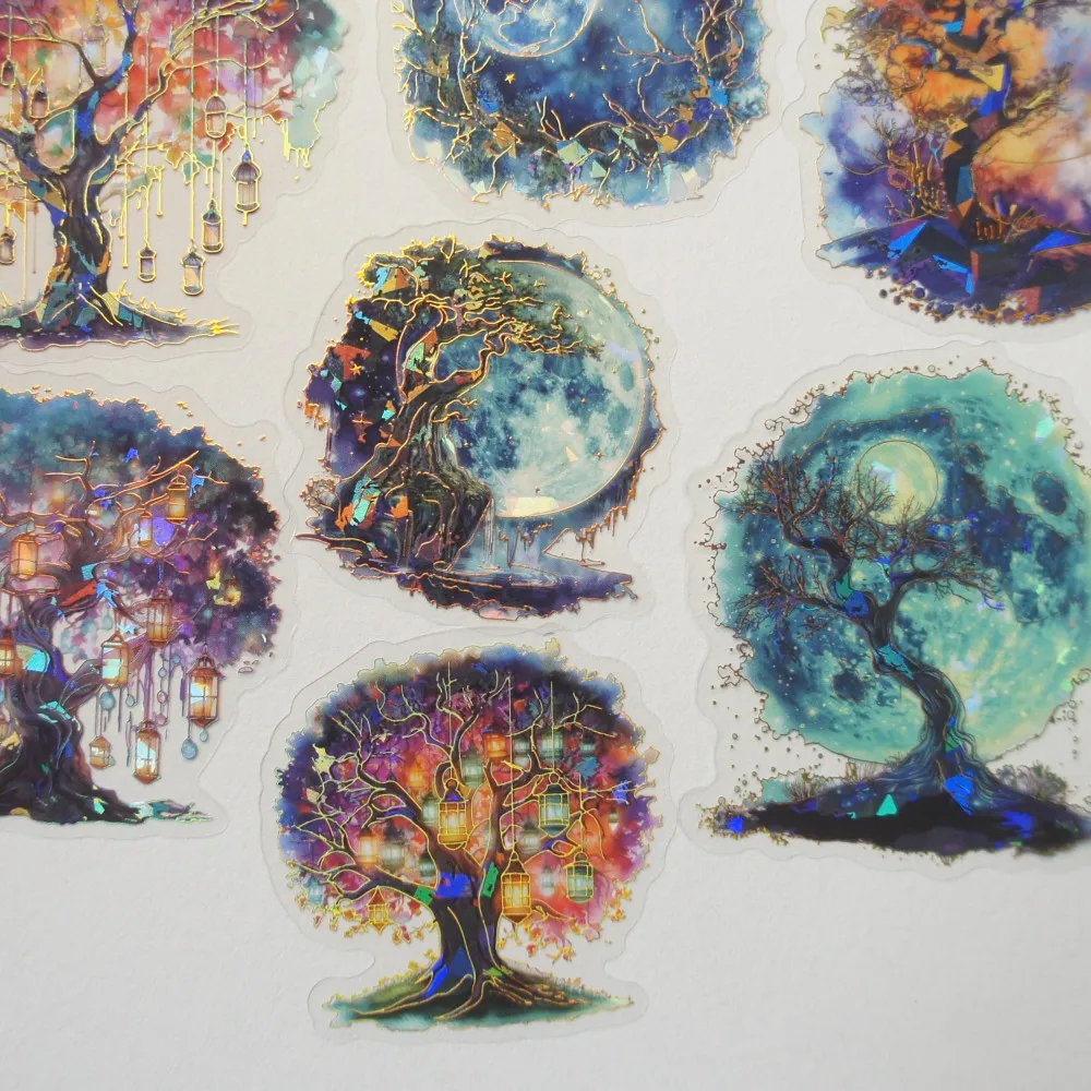 

10 Pcs Laser Diamond Pattern Castle Tree Under The Moonlight Style PVC Sticker Scrapbooking DIY Gift Decoration Tag