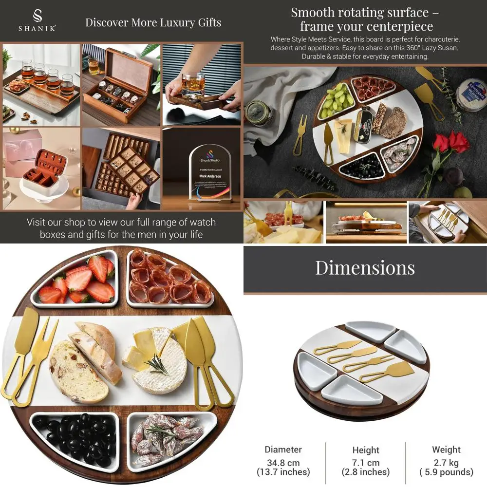 

Round Acacia Wood Cheese Board with 4 Ceramic Dishes - Elegant Serving Platter for Weddings and Showers