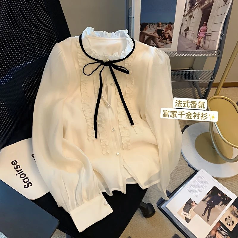 Palace Style Fungus Bow Chiffon Shirt Spring Gentle Lace Up Blouse Women Blusas Mujer De Moda Elegant Shirts Vintage Tops