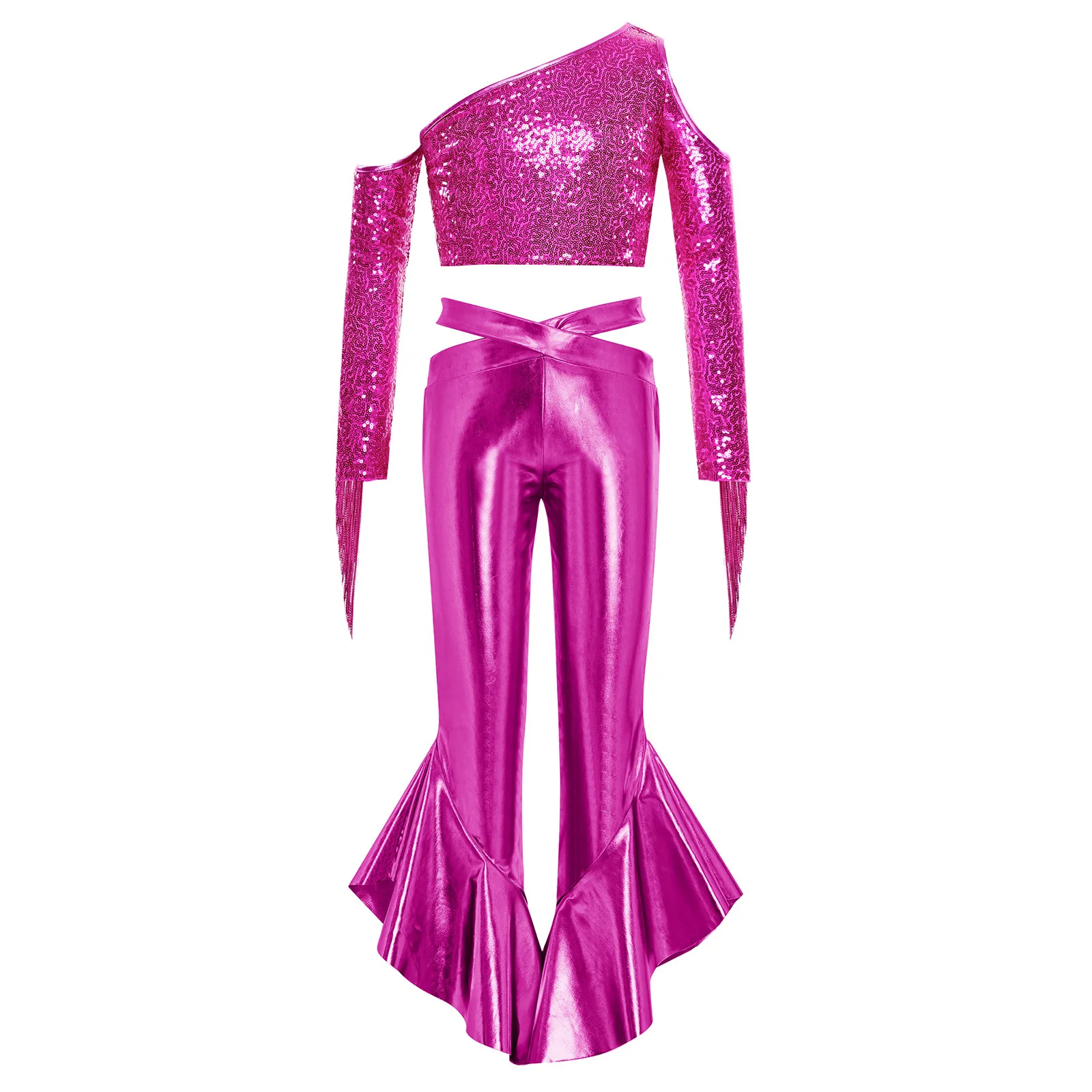 Kids Girls Movie Character Princess Costume Disco Jazz Dance Outfit Tassels Shiny Sequins Crop Top with Metallic Flared Pants