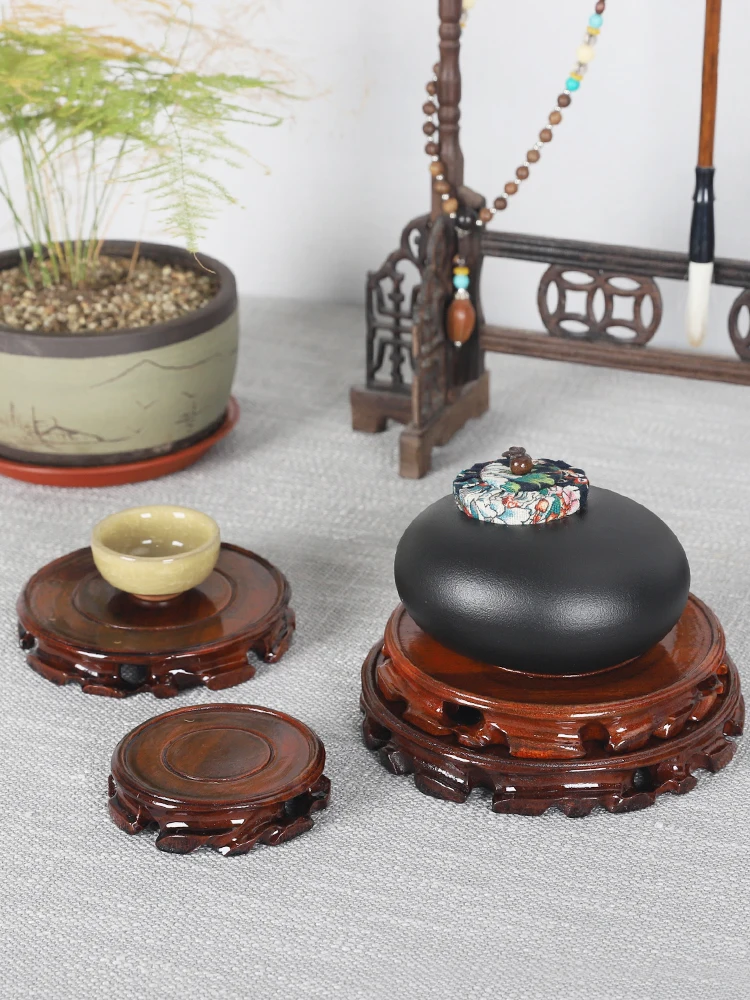 6-30cm Diameter Real Solid Wood Carving Vase Base Stone Buddha Incense Flowerpot Wood Carving Teapot Base