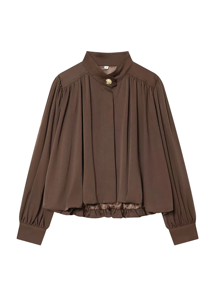 HH Woman Fashion Autumn High Collar Long Sleeves Single Row Buttons Pleated Decoration Jacket Female Casual Slim Fit Overcoat