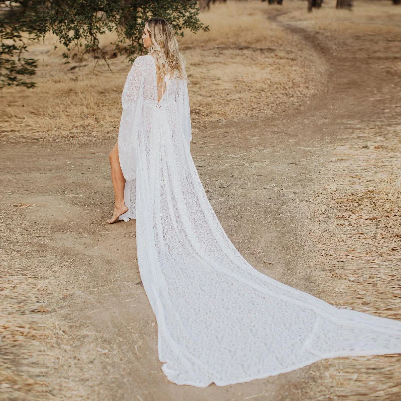 White V-neck Boho Maternity Dress Sexy Backless Floor-Length Photography Prop Women's Long Gown for Photo Shoots