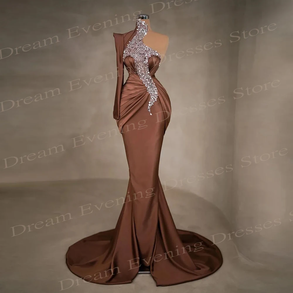 

Beautiful High Neck Mermaid Modern Evening Dresses One-Shoulder Long Sleeve Satin Prom Gowns Robe De Soirée Luxe Elégante 2024