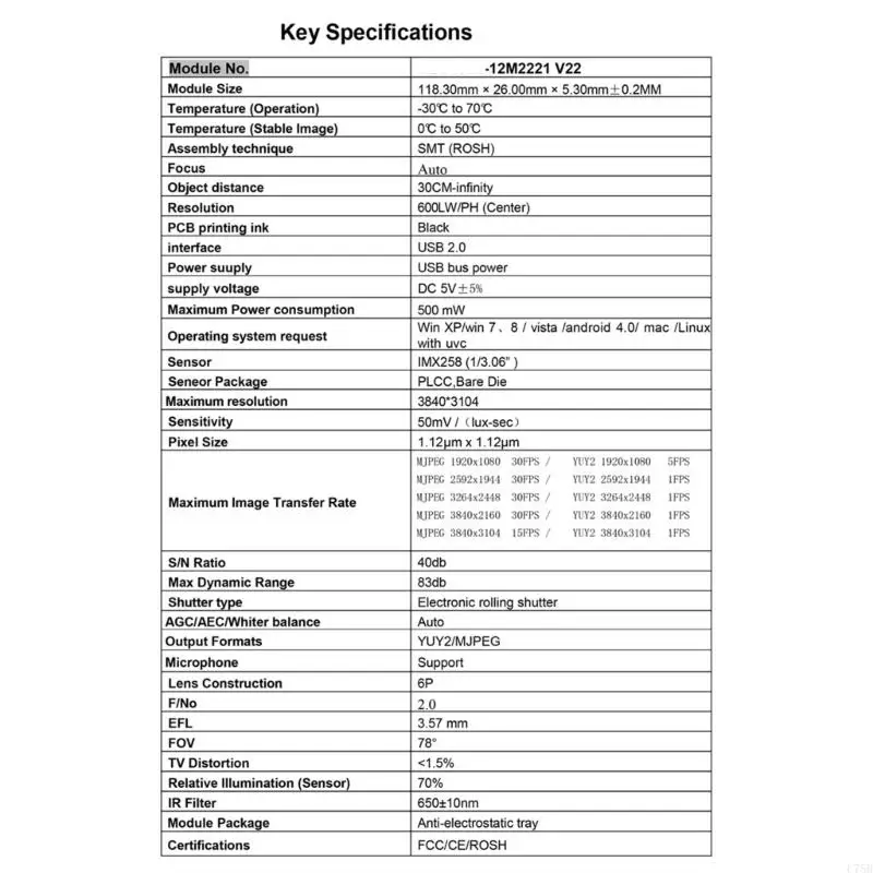 

U75B Color 1200MP IMX258 Автофокусный модуль камеры от долговечности ABS 78/80Degree Color/Black White Screen Дополнительный