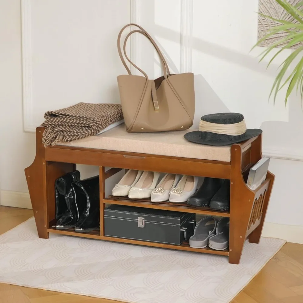 

39.4" Shoe Bench with Storage, 2 Tier Bamboo Entryway Storage Bench,Holds up to 330lbs for Entryway Hallway Living Room
