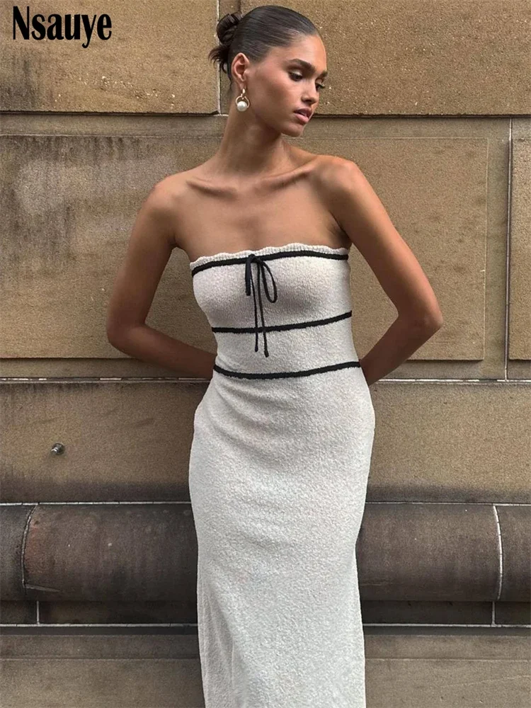 

Nsauye Bow Knitted Sleeveless Strapless Elegant Long Dresses For Women 2024 Summer Holiday Casual Off Shoulder Beach Party Dress