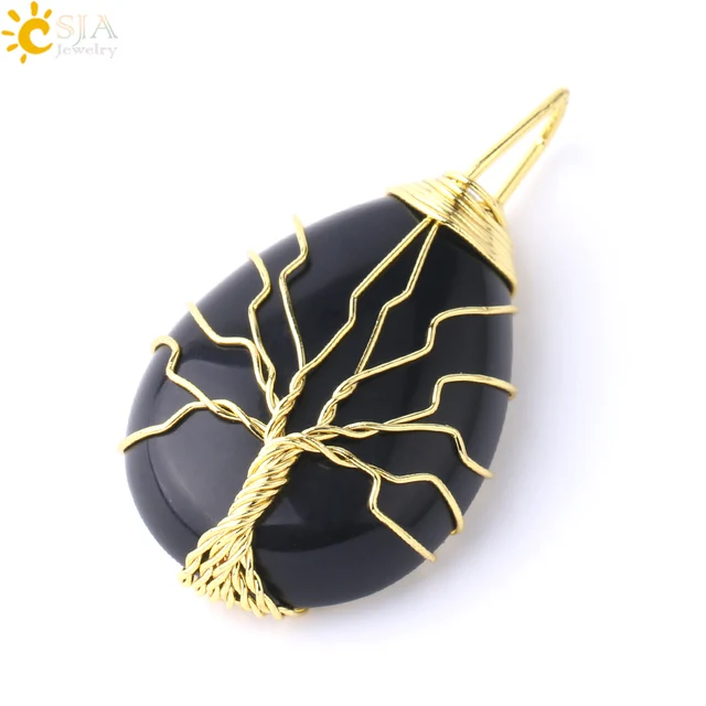 Popular Black Agate B Tree of Life Pendant Necklace Copper Wrapped Stone Healing